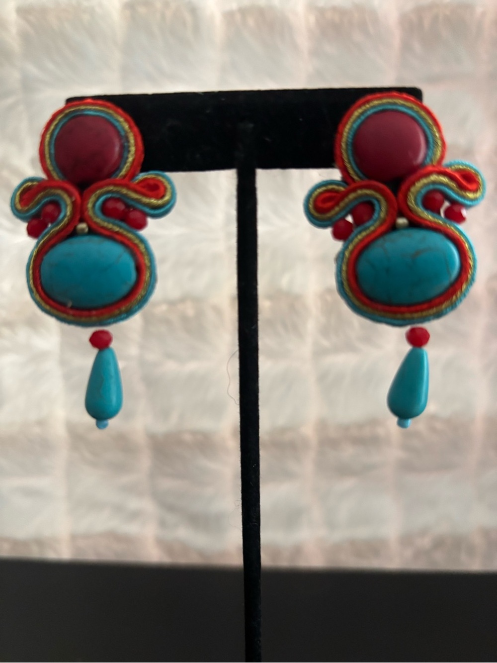 Handmade Turquoise & Red Statement Earrings - Colorful Women Jewelry